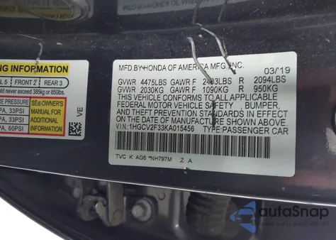 2019 Honda Accord Sport 2.0T z USA, uszkodzony, nr VIN 1HGCV2F33KA015456